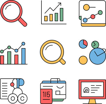 Comprehensive Set of 9 Business Analytics and Reporting Outline Icons: Data Visualization, Growth Charts, Search, Time Management, and Corporate Documentation Vector Graphics for UI/UX Design and Pres