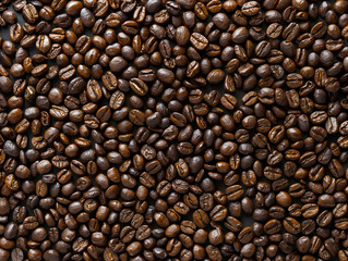 Macro Close Up of Shiny Dark Roast Coffee Beans Pile Showing Oily Surface and High Quality Roast.