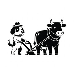Dog and Cow Plowing Field &ndash; Whimsical Farming Silhouette Vector Illustration
