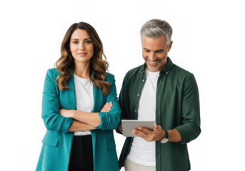 Smiling business colleagues looking at tablet isolated on transparent background woman with arms crossed