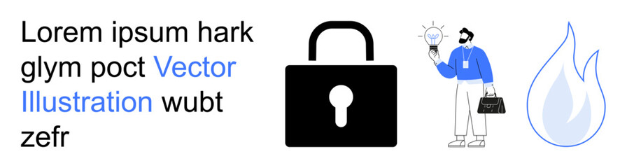 Data security, innovation, idea generation, business solutions, fire safety, conceptual thinking. Lock icon, businessman and flame icon. Data security and innovation