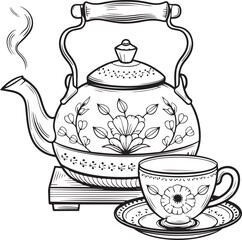 White porcelain teapot and teacups with hot beverage set for breakfast