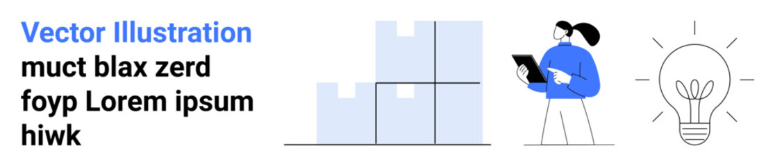Business planning, innovation, logistics, productivity, supply chain, problem-solving. Person with clipboard near boxes and light bulb symbol. Planning and innovation concept
