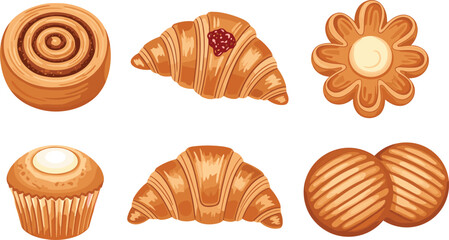 Assorted baked goods illustration featuring croissants, cookies, cupcake, and cinnamon roll for bakery menu, food styling, and design