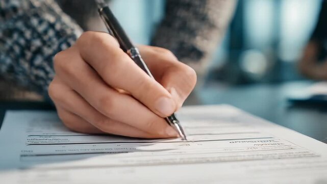Closeup person filling out form with pen, focusing on hand, document details. Captures paperwork, application, official documentation in modern office setting