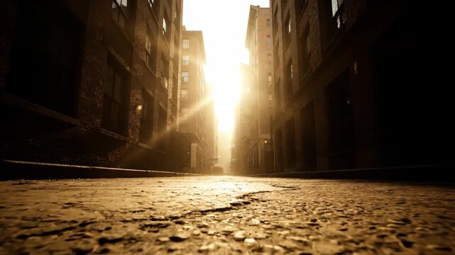 Sunlight shines between buildings on quiet city street at sunrise