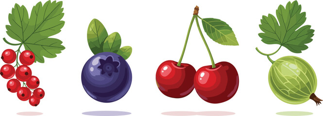 Cartoon-style berry and fruit illustration set featuring currants, blueberries, cherries, and gooseberries with leaves for culinary use © rakib's world