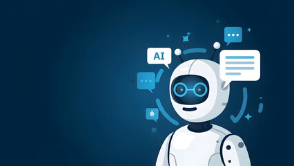 A friendly futuristic robot assistant illustrated in a clean, modern style. The AI robot is surrounded by chat bubbles, glowing icons, and communication symbols, representing artificial intelligence