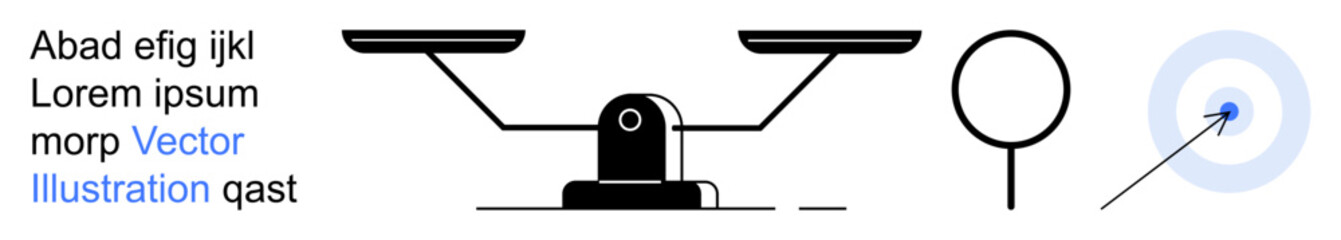 Legal fairness, research, goal setting, focus, balance, decision-making. Black balance scale, magnifying glass and target with an arrow in the center. Legal fairness and research concept