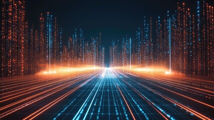 Digital data visualization action in futuristic environment technology graphic perspective on cyber landscape