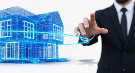 A blue hologram house displayed with a businessman using touch gesture. Represents futuristic technology and real estate innovation on a clean white backdrop.