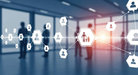 An abstract digital network connects people through geometric icons in a blurred modern office, rendered in cool blue tones, suggesting technology and business connections.