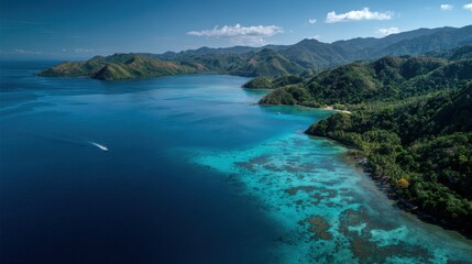 Aerial View of Calm Tropical Waters Surrounded by Lush Green Mountains and Vibrant Coral Reefs on a Sunny Day