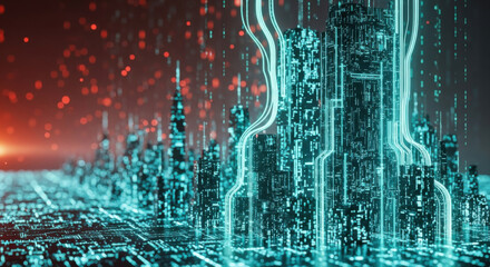 A futuristic abstract cityscape is depicted with glowing cyan circuitry overlaying a dark red backdrop, representing technological innovation and digital connectivity.