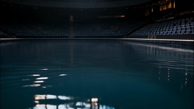 Dark indoor arena with a still pool reflecting the surrounding tiered seating and ambient lights