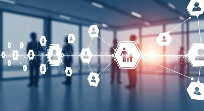 An abstract digital network connects people through geometric icons in a blurred modern office, rendered in cool blue tones, suggesting technology and business connections. - Powered by Adobe