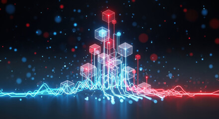 Abstract network connection data stream visualization with glowing blue and red geometric cubes and lines on a black background, representing digital technology.