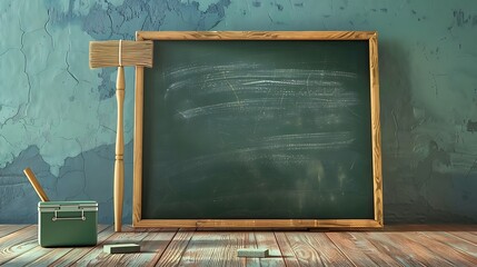 Empty wooden framed chalkboard leaning against a textured wall for educational message presentation.