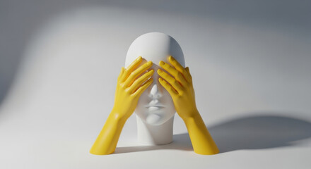 A white mannequin head with bright yellow gloves covering its eyes is displayed against a pure white backdrop, creating a striking abstract composition.