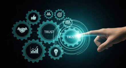 Fototapeta premium Abstract digital interface with gears and icons symbolizing trust, featuring a hand touching a glowing digital interface element. Concept of future, business, and collaboration.