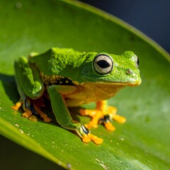 Vivid green amphibian perched atop a vibrant leaf, basking in sunlight