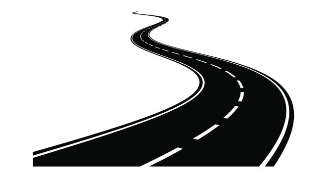 A winding road stretches into the distance dramatically illustrated as a bold silhouette