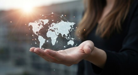 A woman's hand holds a digital world map, glowing with connected lines and dots