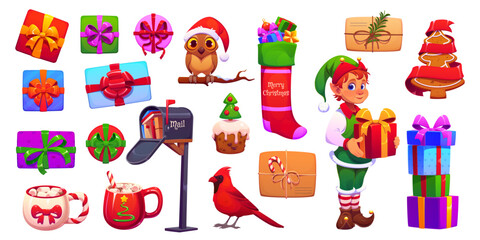 Christmas decorations, top view gifts, elf with present box and funny owl, vector cartoon icons. Christmas sweets, mailbox, holiday sock, cardinal bird and Xmas greetings or cookies for winter holiday