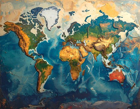 Textured, vibrant, paint-like world map showing continents and oceans - Powered by Adobe