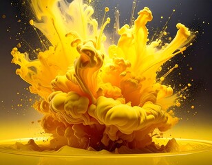 Vivid splash of yellow liquid, creating explosion and flowing cloud effect