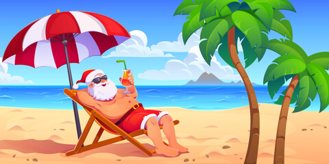 Naklejka premium Santa Claus sunbathing on tropical beach, vector Christmas winter holiday greeting card. Cartoon Santa character relaxing on tropical island beach with chair and umbrella, cocktail and funny swim suit