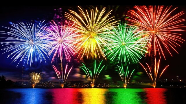 Celebratory fireworks display over a scenic lake at night vibrant colors festive atmosphere spectacular view - Powered by Adobe