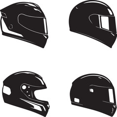 High-detail motorbike helmet designs showcased beside stylish sports motorcycle black silhouette on white background