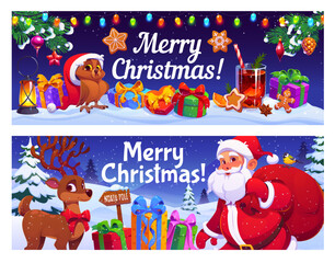Winter holidays and merry Christmas banners with cartoon vector Santa carrying sack, reindeer near gifts and owl in Santa hat among presents, cookies, lantern and festive garland in snowy forest night