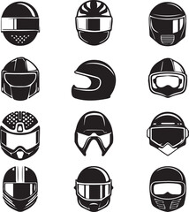 High-detail motorbike helmet designs showcased beside stylish sports motorcycle black silhouette on white background