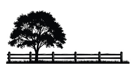 Obraz premium A peaceful landscape featuring a tree and a wooden fence in stark silhouette