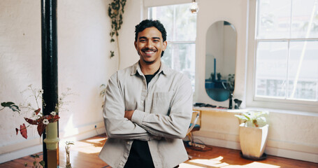 Business, crossed arms and portrait of barber in salon with confidence for cosmetic career for...