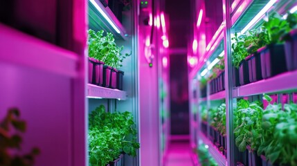 Rows of vibrant green seedlings growing under intense pink and blue led lights in a vertical farm