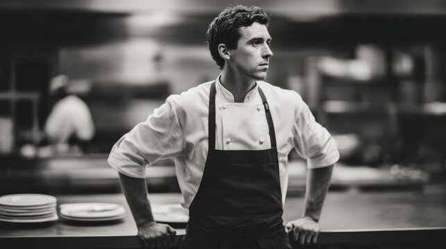A focused chef in a bustling kitchen, showcasing determination and skill in a monochromatic setting, surrounded by plates and kitchen equipment. - Powered by Adobe