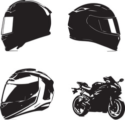 High-detail motorbike helmet designs showcased beside stylish sports motorcycle black silhouette on white background