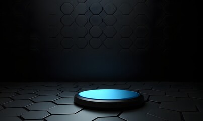 A blue, glowing podium stands on the floor of an empty, dark room with black walls and hexagonal tiles, creating a futuristic technology background.
