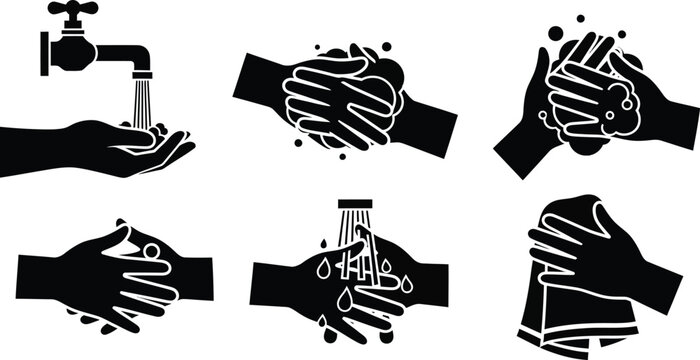 Handwashing steps illustration with water tap and soap ideal for hygiene on transparent background silhouette