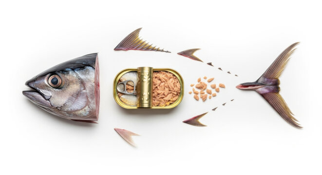 A deconstructed tuna fish with metal can displayed on a white background. The fish is cut open, showcasing the canned tuna as its inner content.