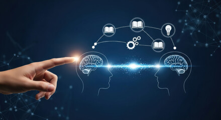 Conceptual digital connection with neural network represented by human heads against a dark blue background. Glowing particles symbolize connectivity and a finger touch represents interaction.