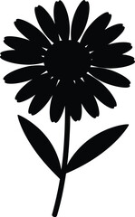 Black daisy flower graphic with leaves simple design on transparent background silhouette