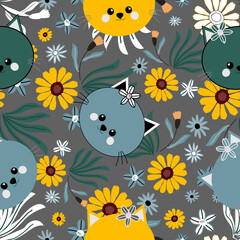 Set of four cute watercolor cats in various poses with floral accessories, perfect for pet-themed designsVector illustration, adorable and happy kittens, ideal for printing, posters, dedications