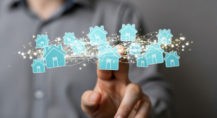 A finger touches a network of glowing blue house icons against a grey background, symbolizing digital connectivity and modern real estate.