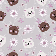 Bear seamless pattern background. Cute bear flowers illustration pattern. head and flowers background. Perfect for fabrics, textile, wallpaper, decor. Floral seamless pattern