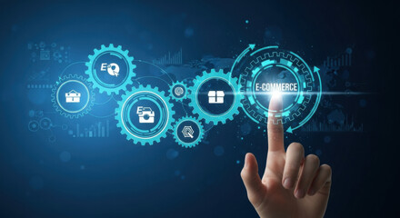 A finger is touching a blue futuristic hud interface with gears and icons on a dark blue background. It has technology elements like digital networks and ai.