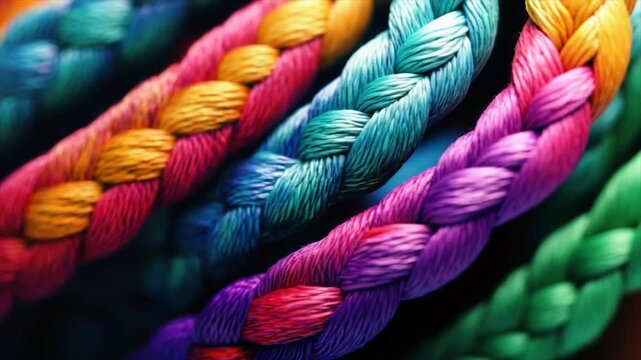 Close-up of brightly colored, interwoven braided cords. Focus on texture, gradient hues